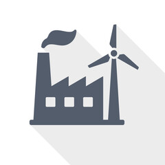 Industrial factory with wind turbine icon symbolizing sustainable production and renewable energy.