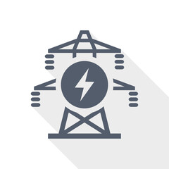 Electric power transmission tower icon representing high voltage infrastructure and utility network.