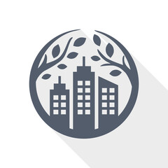Sustainable city icon representing green urban development and renewable energy infrastructure.