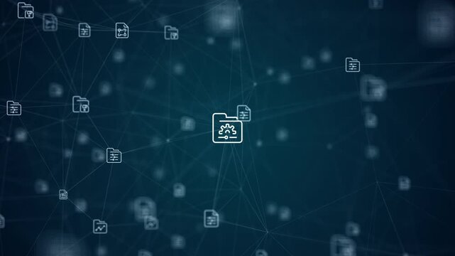 Motion graphic of interconnected digital folders and system icons linked by flowing lines, creating a seamless loop for data management, storage solutions, and technology presentations.