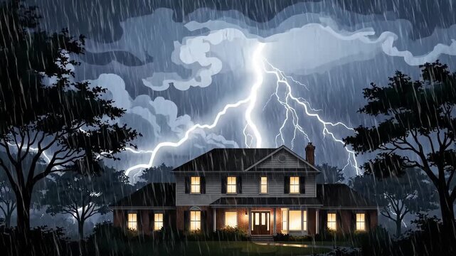 House in a thunderstorm - A two-story house is depicted in the middle of a thunderstorm, surrounded by trees. Lightning strikes in the distance illuminating the rainy sky.
