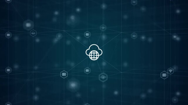 Motion graphic of cloud data exchange symbols with bidirectional arrows and network lines, forming a seamless loop for cloud services, data transfer, and technology background use.