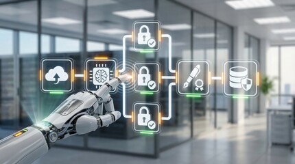 Futuristic robot hand interacting with digital interface icons,AI cybersecurity concept with cloud,brain and lock symbols,technology automation in smart office