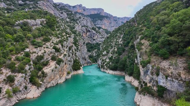 Panoramic road through the largest canyon in Europe, Gorges du Verdon in Provence, France. Landscape of the Gorges Du Verdon in south-eastern France. Provence-Alpes-Cote d'Azur.