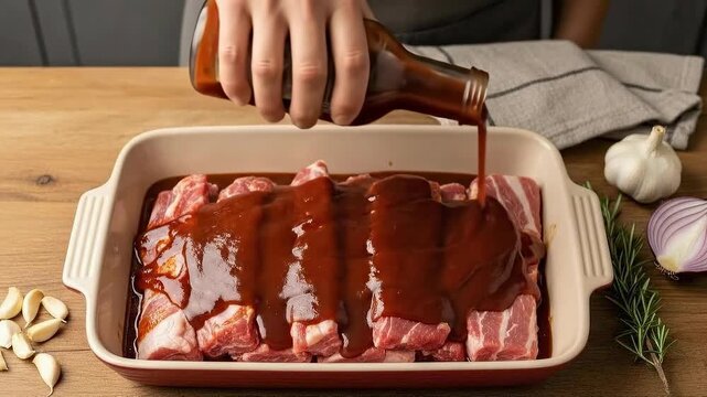 Pouring marinade over fresh ribs in kitchen setting for culinary preparation