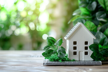 Minimal house model with lush greenery representing eco living, sustainable lifestyle and harmony with nature. Soft background with copy space.