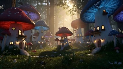A fairy kingdom hidden in a mushroom forest with tiny houses