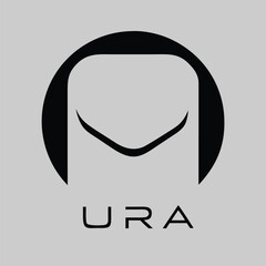 A minimalist black icon with a curved line design and URA text on a gray background
