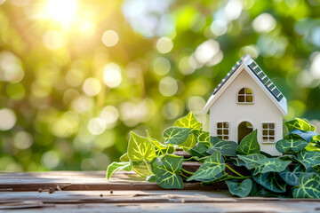 Small decorative home surrounded by leaves in natural light, symbolizing ecological housing, fresh start and sustainable living concept.