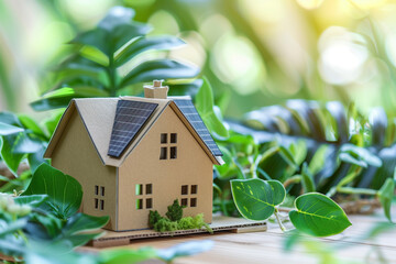 Eco concept with cardboard home featuring solar roof panels placed among green plants. Symbol for renewable energy, sustainable architecture and green future.