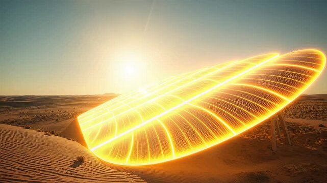 Glowing tilted saucer disc on thin legs reacting to sun on desert plain, spreading golden filaments