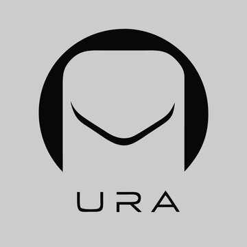 A minimalist black icon with a curved line design and URA text on a gray background