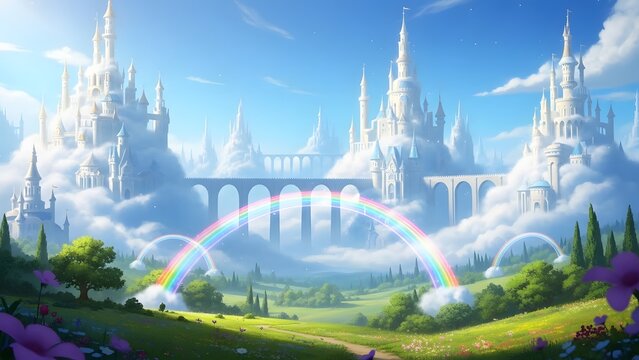 A fairy tale kingdom with castles made of clouds and rainbow bridges