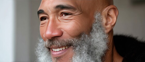 Happy middle-aged man with a beard smiles warmly at the camera in an office during a natural light setting capturing a nostalgic feeling