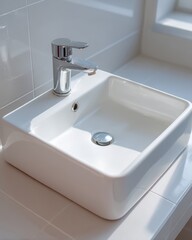 Fototapeta premium Modern Square Sink with Chrome Faucet in Bright Contemporary Bathroom Setting