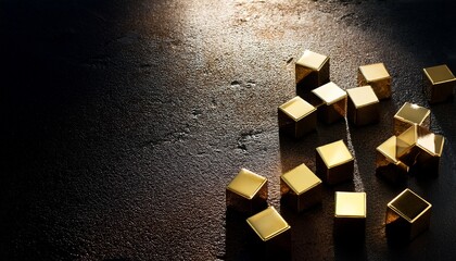 golden metallic cubes scattered on a dark rough concrete floor with dramatic light