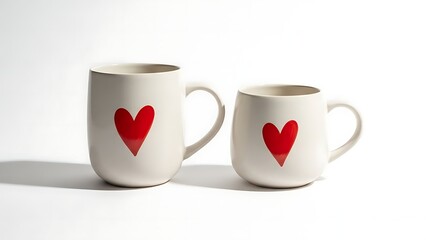 Two White Ceramic Mugs with Red Heart Designs on White Background image photo