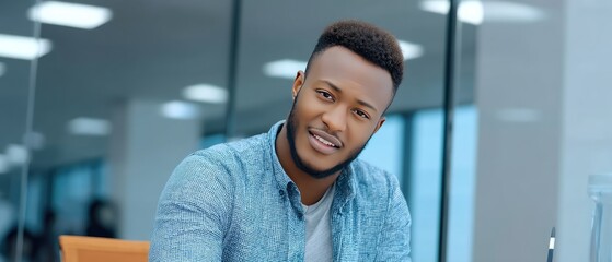 Happy middle-aged African American man in casual shirt smiles in office setting with natural light and friendly atmosphere