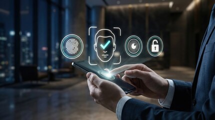 Man unlocking smartphone using biometric security with facial recognition,fingerprint scan,iris authentication and digital padlock icon