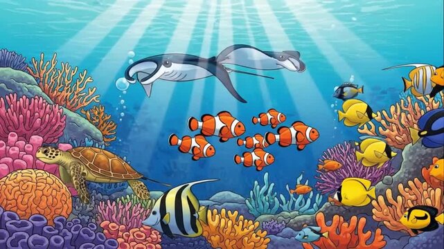 Colorful Cartoon Coral Reef Ecosystem with Manta Rays and Tropical Fish
