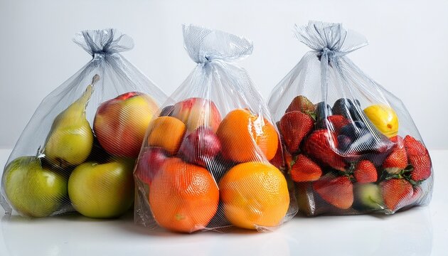 assorted fresh fruits in transparent plastic bags on white background including apples grapes oranges pears and strawberries ready for healthy eating or grocery shopping - Powered by Adobe