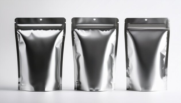 blank silver foil stand up pouch with zipper on white background packaging mockup for food coffee tea snack and other products