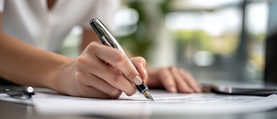 Close-up of male hands signing an important document on a desk with papers in the background in an office setting during daylight hours