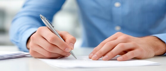 Close-up of male hands signing document at desk with papers during busy office work hours