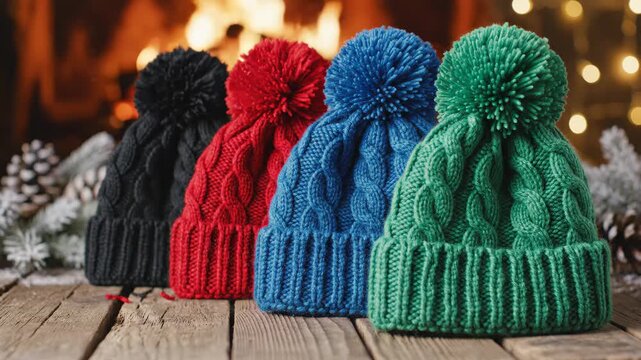 Winter Hats by the Fireplace - Four colorful knit winter hats are displayed in a row on a wooden surface, in front of a fireplace. The hats are black, red, blue, and green, each with a pompom on top.