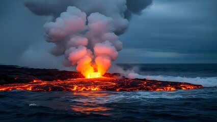 A volcanic lava flow meeting the ocean with steam rising pulling the viewer into earth's fiery forces