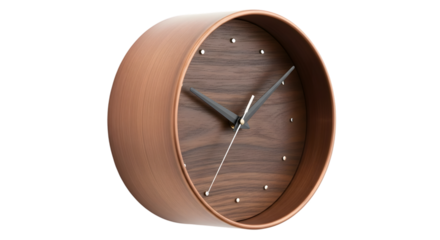 Modern wooden clock isolated on transparent background showing the time passing