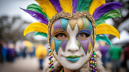 Portrait of a woman wearing a traditional feathered carnival mask against a festive background, symbolizing celebration, mystery, culture, festive atmosphere and an artistic lifestyle.
