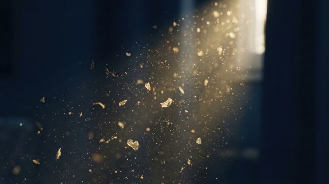Sunlight rays highlighting dust particles floating in the air in a dark indoor space,macro photography of atmospheric particles