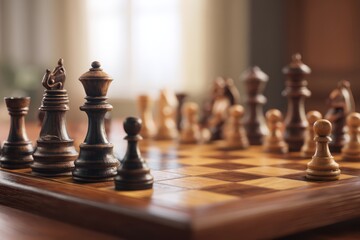 Classic Chess Game in Progress with Focus on Richly Crafted Wooden Pieces and Elegant Board Set in Soft Natural Light