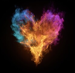Abstract heart shape formed from colorful smoke against black background