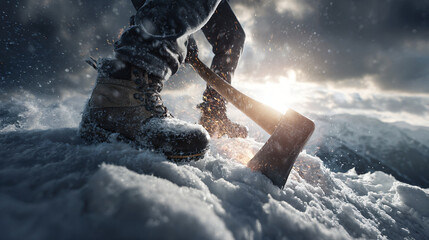 person chopping ice with an axe on snowy terrain during sunset