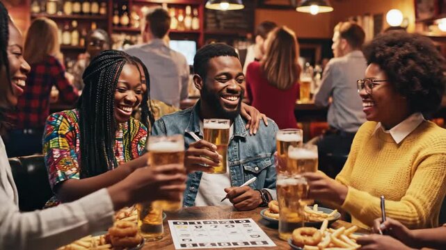 Friends Laughing and Playing Bingo at a Bar - A group of young, diverse friends are enjoying each other's company at a bar, laughing while playing a game of bingo.