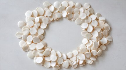 Obraz premium Circular Arrangement of White Shells on Light Surface for Natural Aesthetic Design