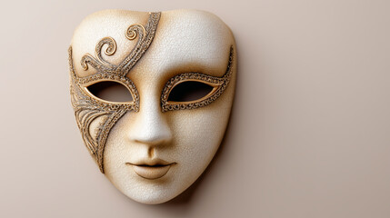 Patterned masquerade mask from copy space reflects the carnival celebration, an atmosphere of mystery, costume and fun.