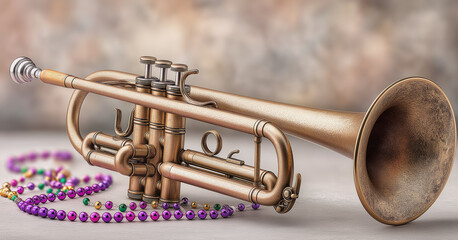 Brass jazz trumpet with colorful Mardi Gras beads symbolizes New Orleans jazz, musical culture, celebration and festive atmosphere.