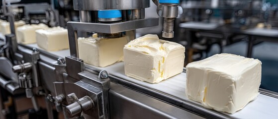 Cheese packaging machine operates as cheese is sealed in square boxes with white film in a production line setup featuring blue tape and yellow steel