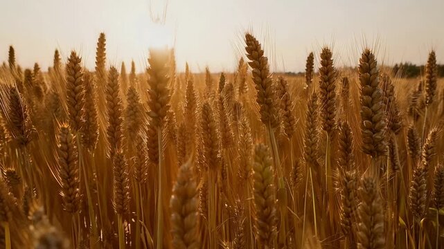 Gliding camera filming ripe wheat heads swaying in field near trees, catching kernels under low sun