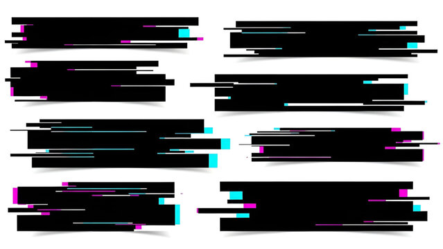 Collection of black glitch effect vector banners with vibrant digital noise for modern design