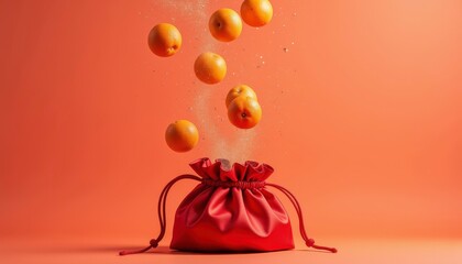 Vibrant Red Silk Pouch Releasing Floating Oranges With Sparkles
