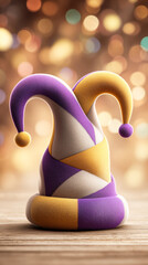 Jester hat symbolizing Mardi Gras carnival, festive celebration concept with colorful costume accessory representing fun, tradition, party atmosphere and cultural festival