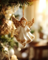 Elegant porcelain angel decoration hanging on a Christmas tree with warm sunlight filtering through the background