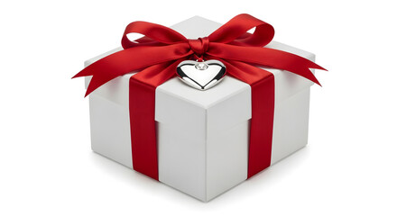 Fototapeta premium A white gift box adorned with red ribbon and heart shaped decoration