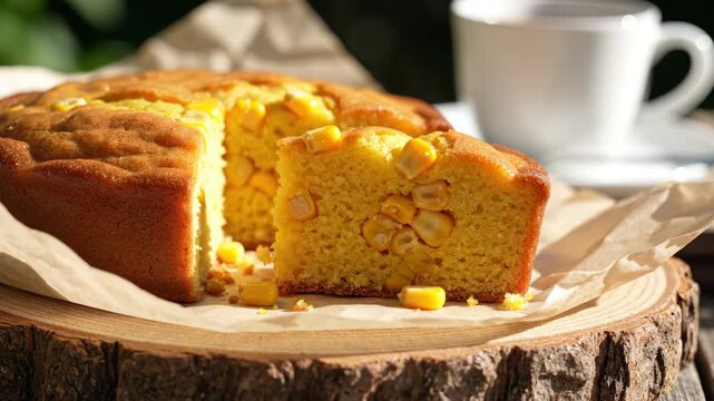 Cornbread Slice with Coffee - A slice of cornbread with corn kernels inside is shown on a wooden platter on top of a tree stump. There is also a cup of coffee on the table in the background.