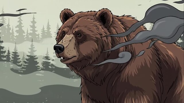 Grizzly Bear Portrait Breathing Smoke in Forest Stylized Animation