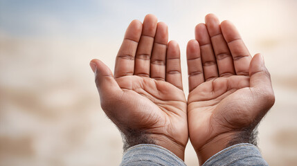Close up of hands folded in prayer, symbolizing faith and spirituality during the holy month of Ramadan. Religious concept of devotion, worship and Muslim prayer.
